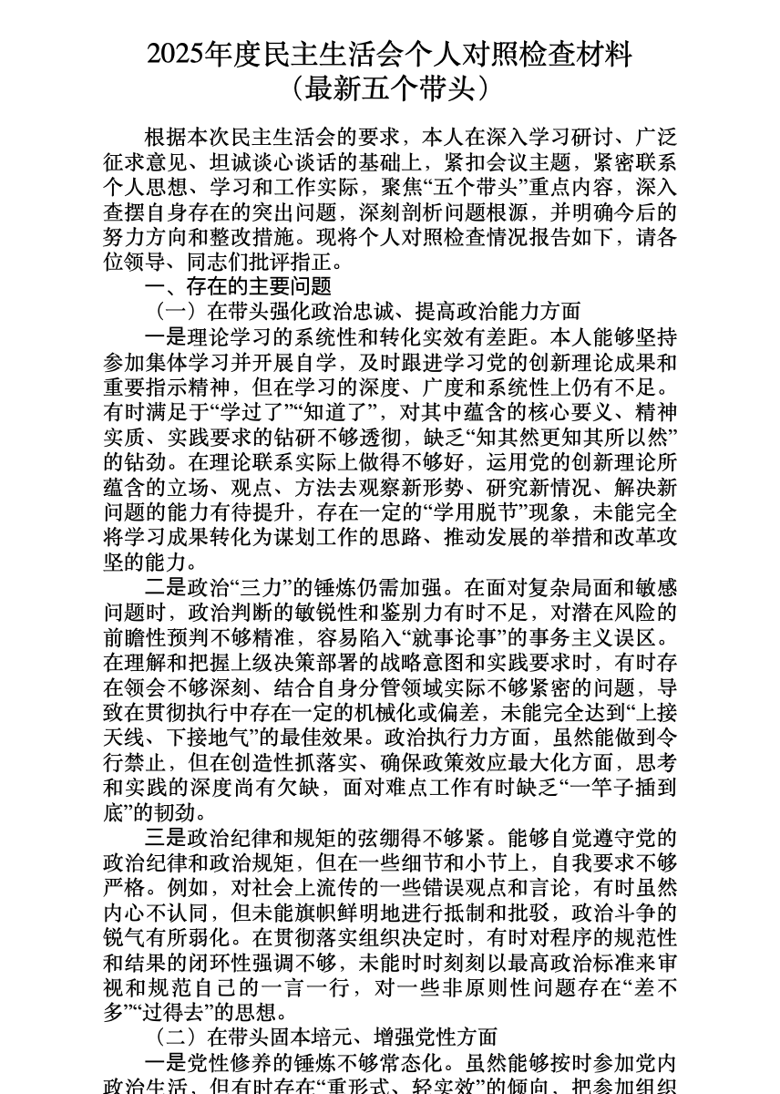2025年度民主生活会个人对照检查材料(最新五个带头) 首屏预览