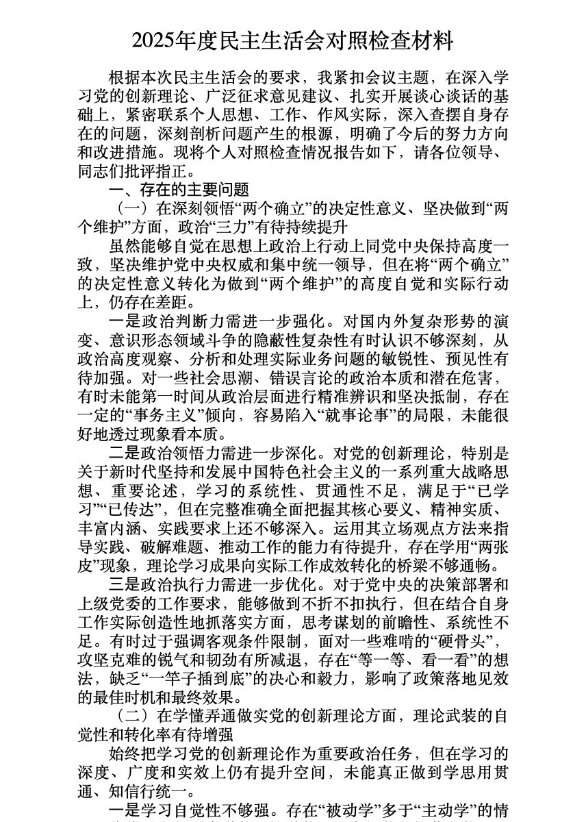 2025年度民主生活会对照检查材料 首屏预览