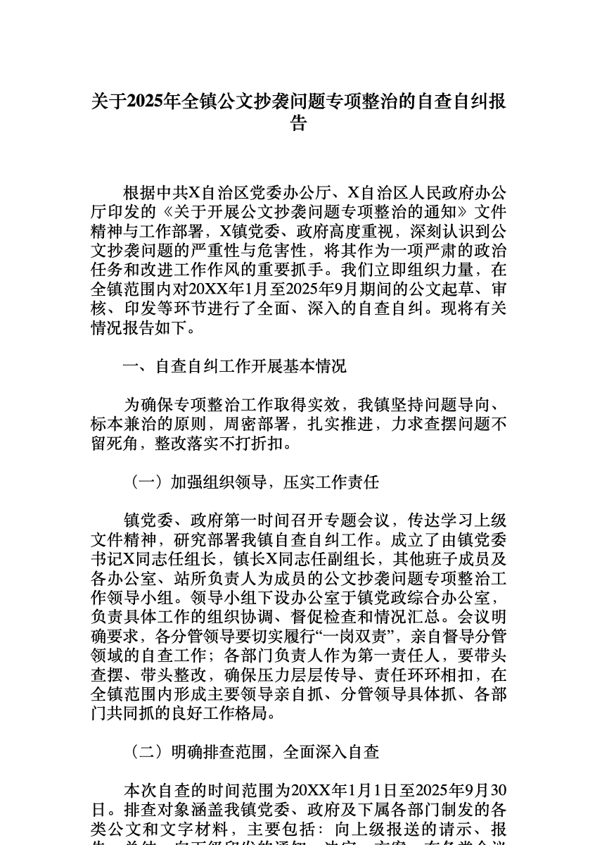 关于2025年全镇公文抄袭问题专项整治的自查自纠报告 首屏预览