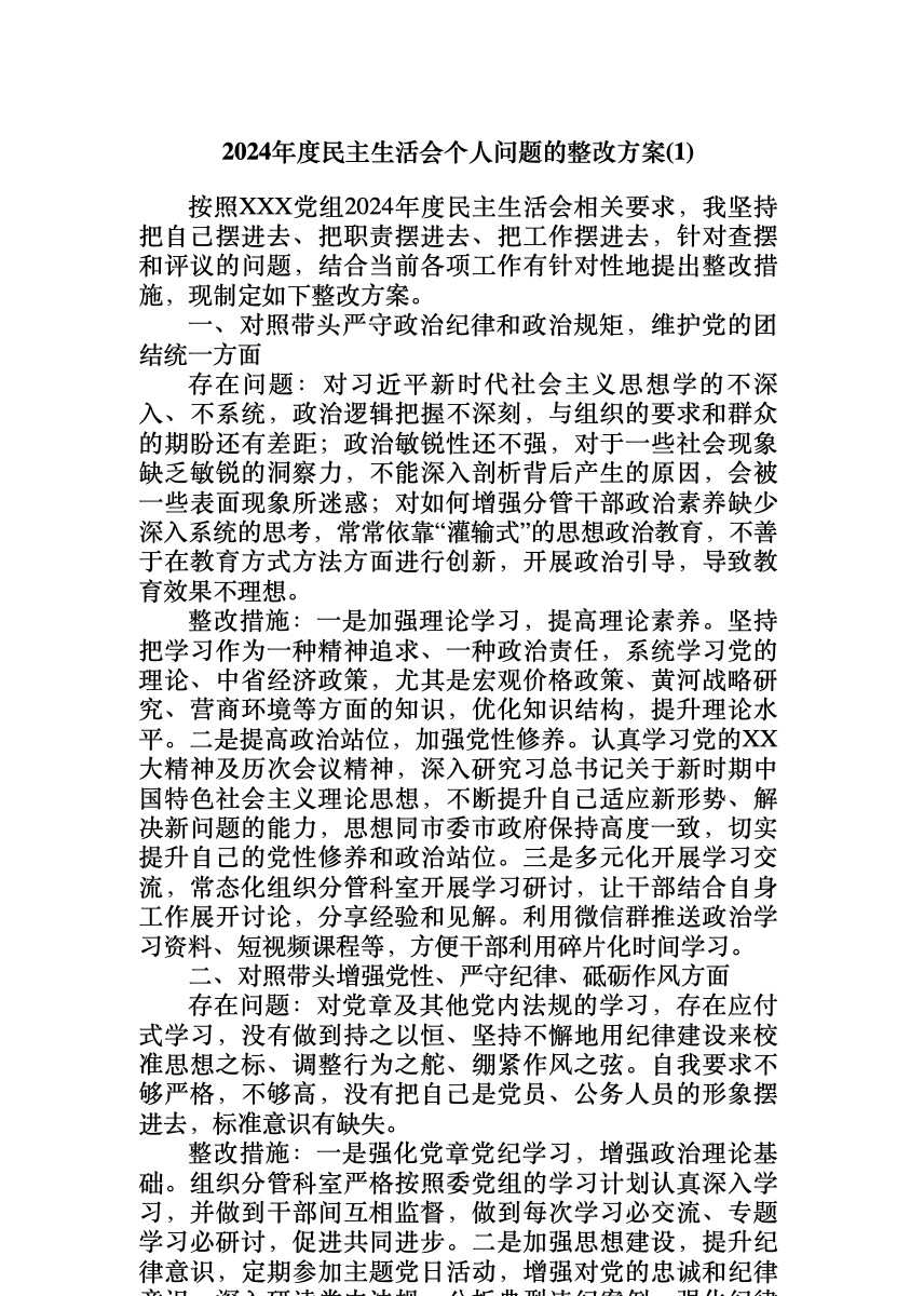 2024年度民主生活会个人问题的整改方案(1) 首屏预览